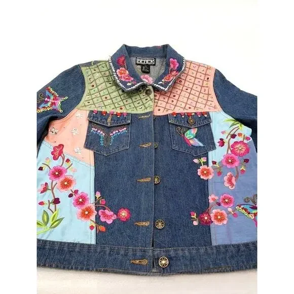 Vintage Berek2 Floral Butterfly Embroidered Sequin Beaded Jean Jacket - Picture 4 of 8